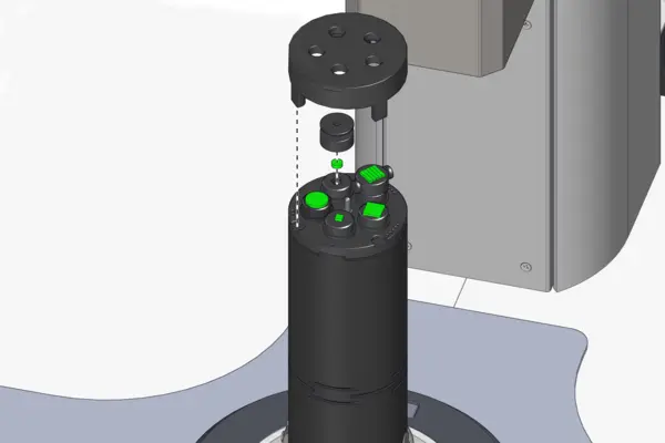 Close-up of a sleek gray and silver testing device with labeled sections A, B, C, D, suitable for analytical applications.