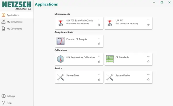 NETZSCH Assistant 9.5 interface displaying application options for Measurements, Analysis, Calibrations, and Service Tools.