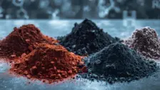 Farbenfrohe Hügel aus Eisenoxid-Pulver in verschiedenen Rot- und Schwarztönen, symbolisieren Materialforschung für Wasserstofftechnologie.