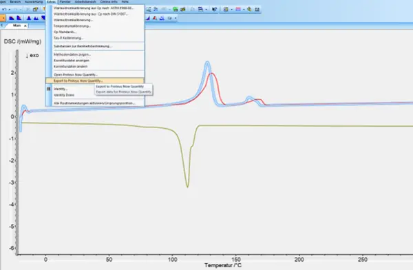 DSC-Datenexport aus NETZSCH-Software für präzise Polymeranalyse mit Proteus Now Quantify, Temperaturkurven sichtbar.