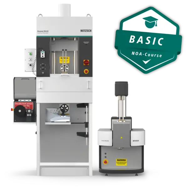 Rosand Rheometer von NETZSCH für rheologische Messungen, inklusive Software zur Datenverarbeitung und Modellanpassung.