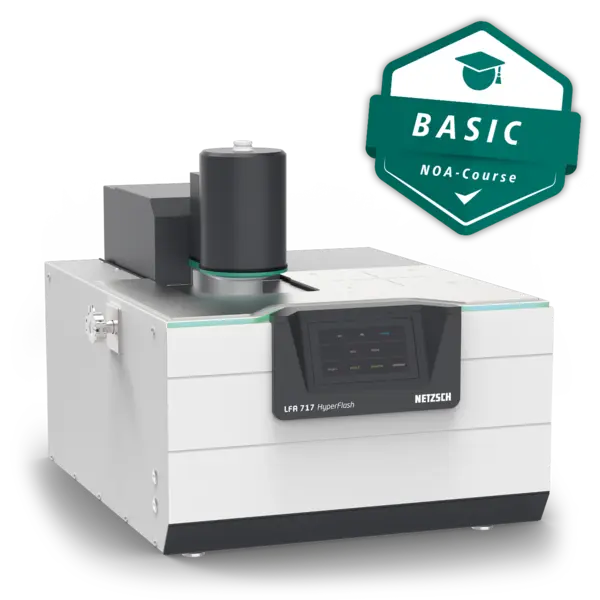 LFA 717 HyperFlash HT thermal analysis instrument with user interface, featuring a "Basic Course" badge for Online training.