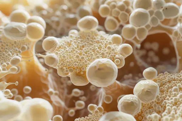 Detailansicht von Hefe mit kleinen Bläschen, die das thermophysikalische Verhalten während der Pasteurisierung demonstriert.