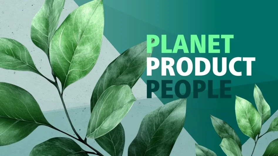 NETZSCH fenntarthatósági jelentés grafikája, amely a "PLANET, PRODUCT, PEOPLE" (TELEP, TERMÉK, EMBER) kifejezést emeli ki zöld levelekkel, texturált háttér előtt.