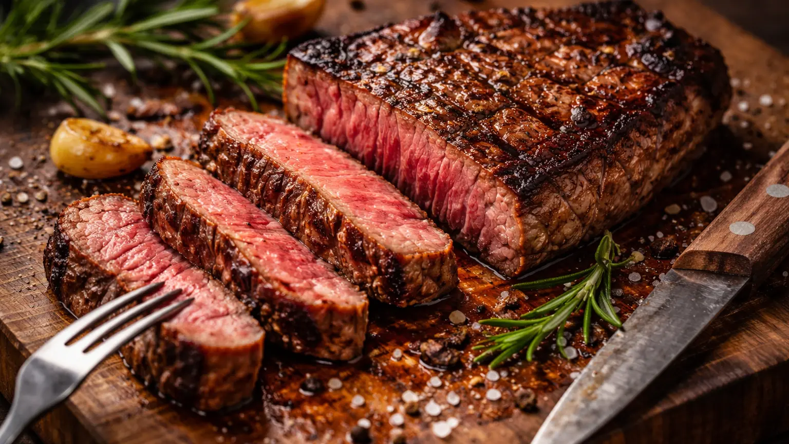 Sliced medium-rare grilled steak with rosemary and garlic on a wooden cutting board alongside a carving knife and fork.