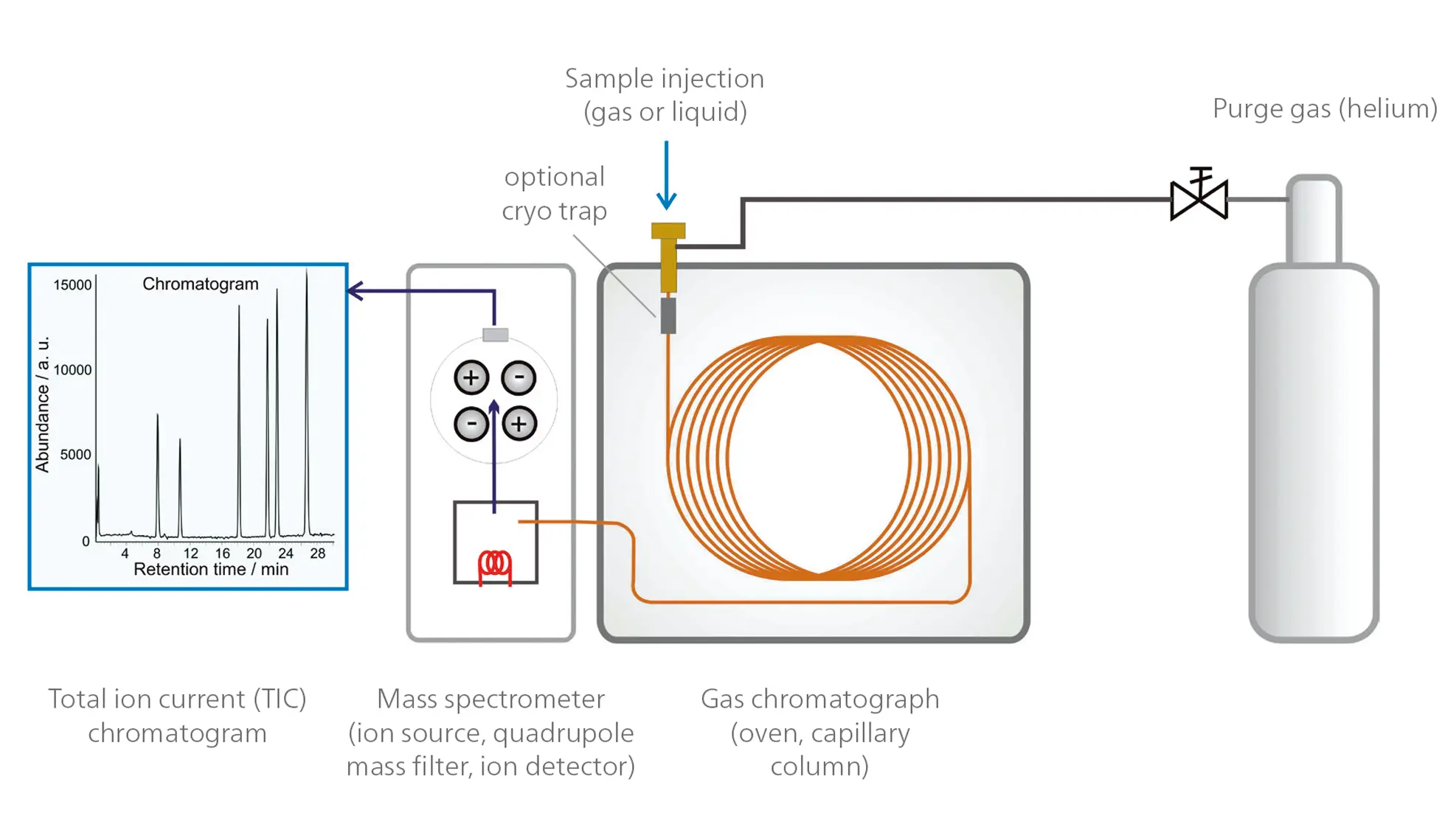 Schema che illustra la configurazione del sistema STA-GC-MS, basato sulla tecnologia di analisi a flusso continuo ( NETZSCH ), per l’analisi dei gas di evoluzione, con cromatogramma e componenti dell’apparecchiatura.