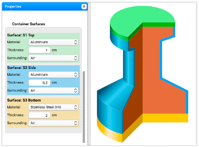 3D geometry setup interface for NETZSCH Termica Neo, showcasing customizable shapes and container properties for thermal analysis.