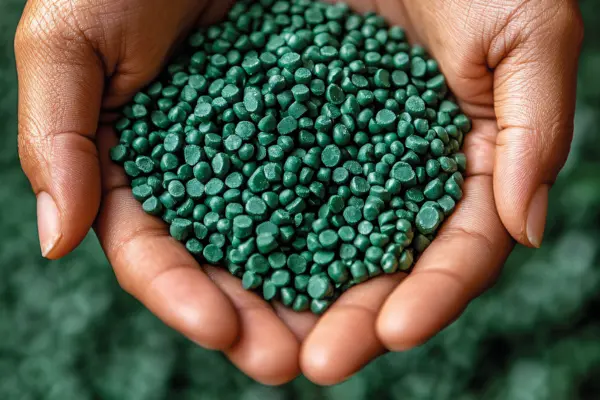 Hände halten grüne Kunststoffgranulate zur Analyse von Rezyklaten und Polymermaterialien bei NETZSCH.