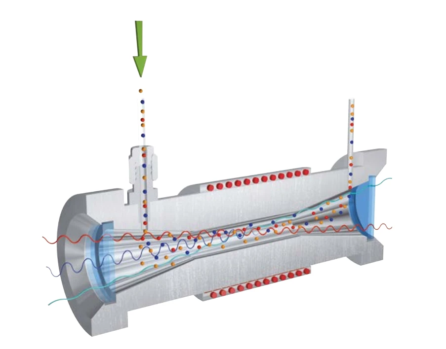 Gas cell design showcasing optimized gas flows with arrows indicating flow direction and colored lines representing gas dynamics.