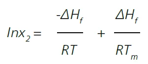 Equação matemática para calcular ln x₂, incluindo alterações de entalpia (ΔHf) e variáveis de temperatura (T).