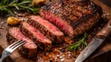 Saftig gegartes Steak in Scheiben, angerichtet auf Holzbrett mit Rosmarin, Knoblauch, Messer und grobem Salz.