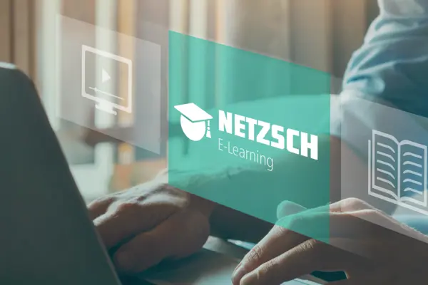 NETZSCH Платформата за електронно обучение показва потребител, който се занимава с онлайн курсове по термичен анализ, като набляга на достъпността и практическото обучение.