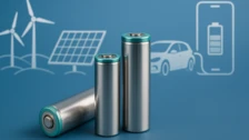 Sicherheit von Lithium-Ionen-Batterien: Li-Ionen-Zellen auf blauem Hintergrund, symbolisiert durch Windräder, Solarpanel und Elektrofahrzeuge.