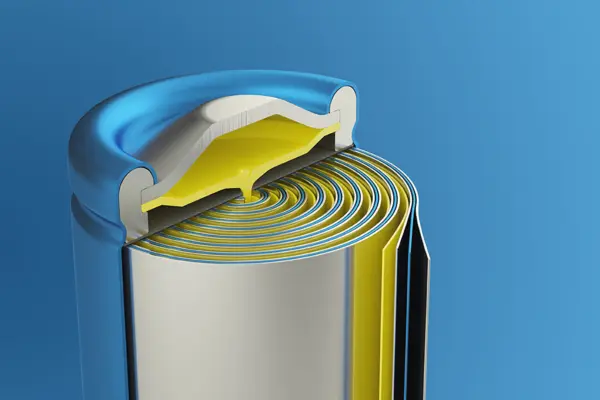 Schnittansicht einer Lithium-Ionen-Batterie mit Separator-Materialien, die für thermische Stabilität und Sicherheit sorgen.