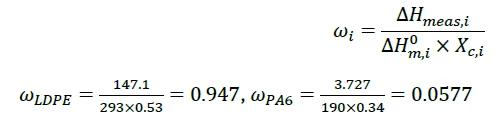 Calcoli per l'analisi delle proprietà di LDPE e PA6 con equazioni per le loro frazioni di peso e dati di misura.