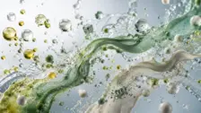 Dynamic visualization of fluid dispersions with suspended particles and droplets illustrating complex flow and rheology concepts.