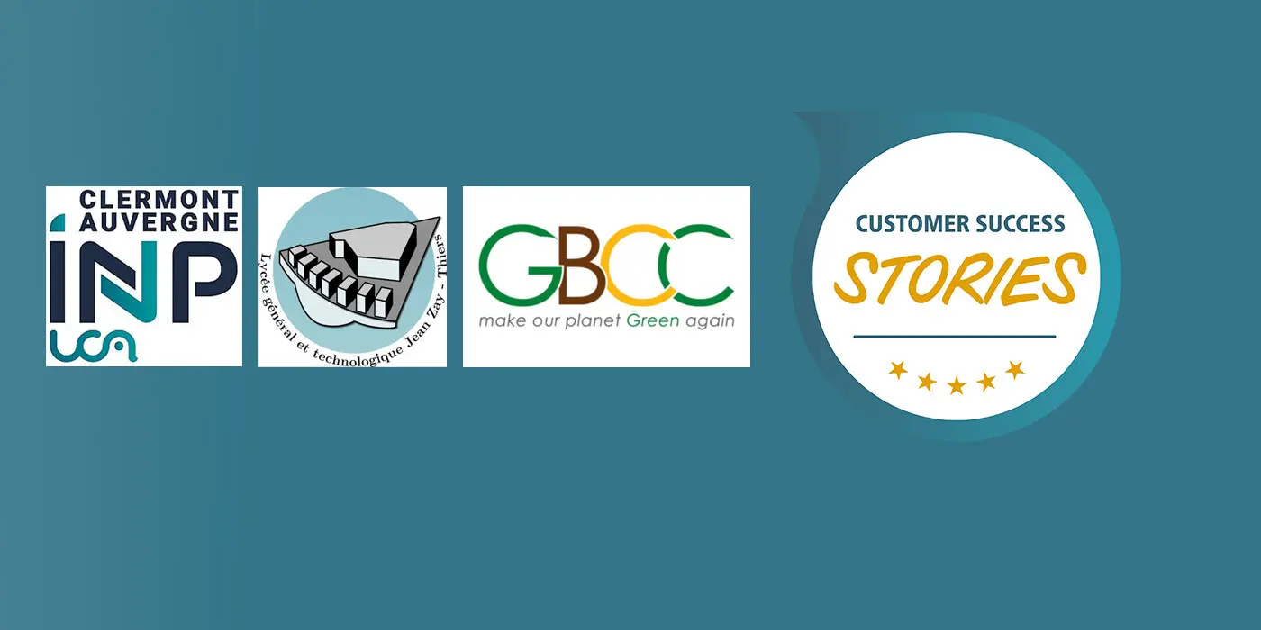 Logos of Clermont Auvergne INP, Jean Zay Technical High School, Green Business Consulting Company, and Customer Success Stories on blue background
