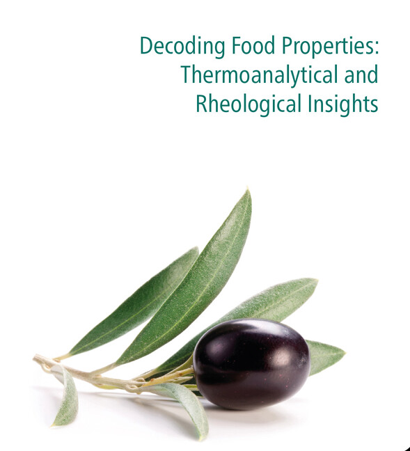 Black olive with green olive leaves on white background next to the text "Decoding Food Properties: Thermoanalytical and Rheological Insights