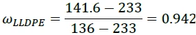 Equazione per il calcolo di omega per l'LLDPE, che mostra i passaggi matematici e i valori per l'analisi nei test sui polimeri.
