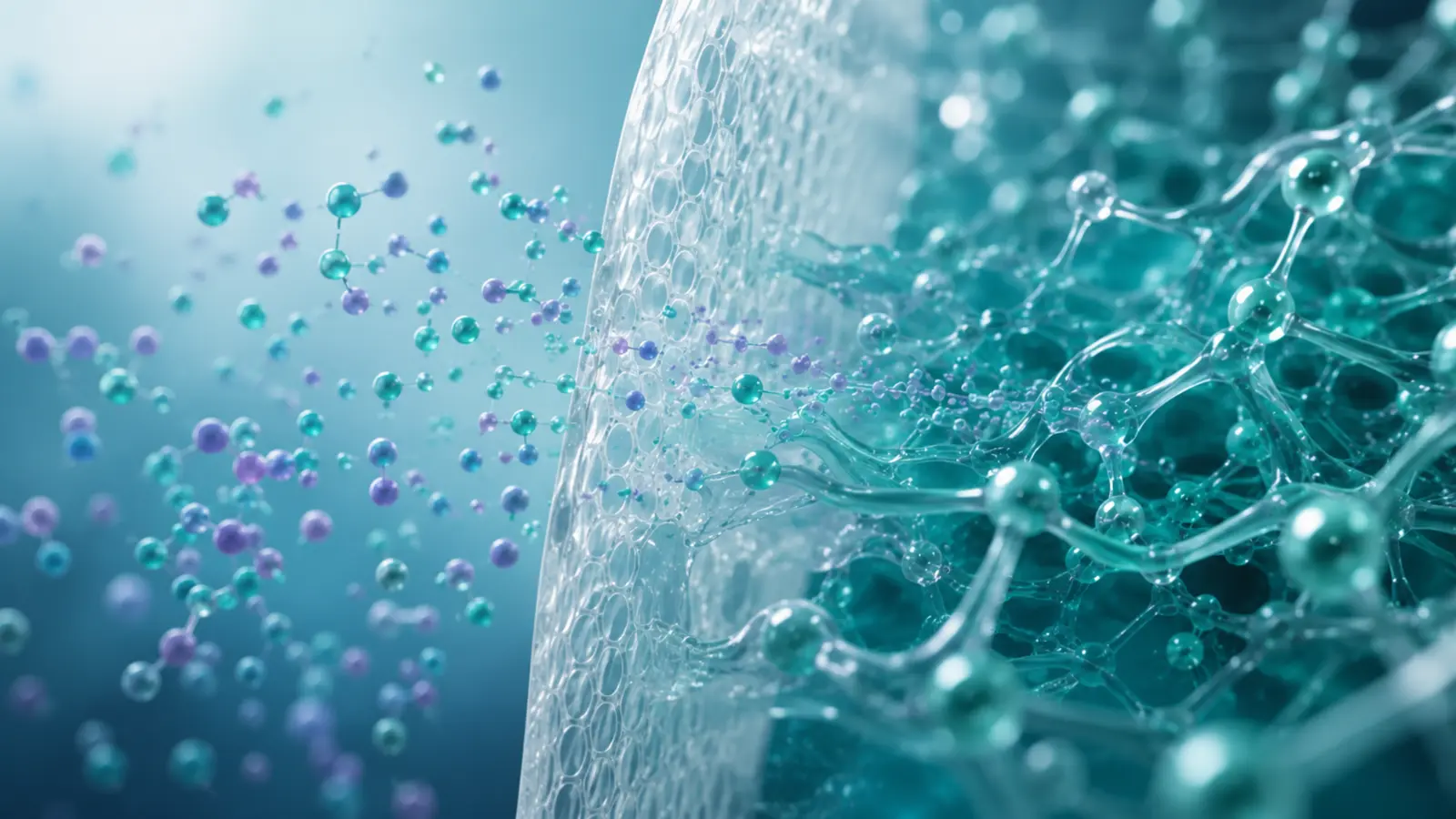 Molecular diffusion through a porous membrane interacting with a complex hydrogel network, visualizing dynamic chemical and mechanical changes.