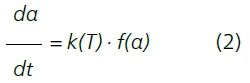 Mathematical equation showing the rate of change of alpha over time, highlighting functions k(T) and f(α).