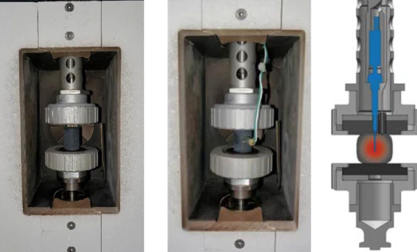 Basisprobenhalter für Flexometertests mit horizontalem und vertikalem Thermoelement zur präzisen Temperaturmessung.