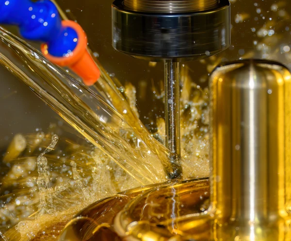 Cutting fluid sprays cool and lubricates metal during machining, highlighting the importance of effective thermal management in manufacturing.