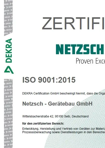 Certificat DIN EN ISO 9001:2015 al NETZSCH-Gerätebau GmbH, care confirmă standardele de management al calității în măsurare și testare.