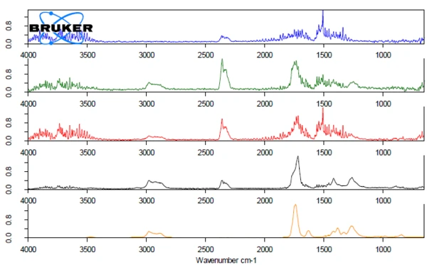 Grafice de spectroscopie FTIR de la Bruker, care prezintă date spectrale pentru diferite probe și numere de undă în cm-1.