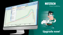 NETZSCH Software Proteus 9.7 zeigt Temperaturkurven und Analysewerkzeuge für thermische Messdaten, inklusive Upgrade-Hinweis.
