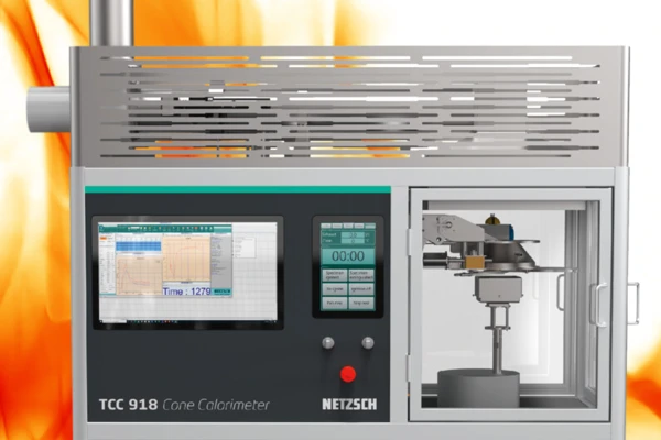 NETZSCH TCC 918 Cone Calorimeter displaying a user interface, crucial for measuring material flammability and fire behavior.