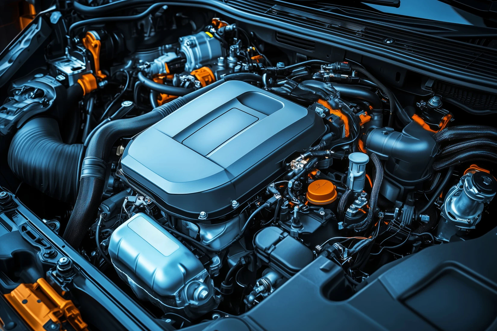 High-performance automotive engine components showcasing intricate mechanical details and advanced technology in a well-lit setting.