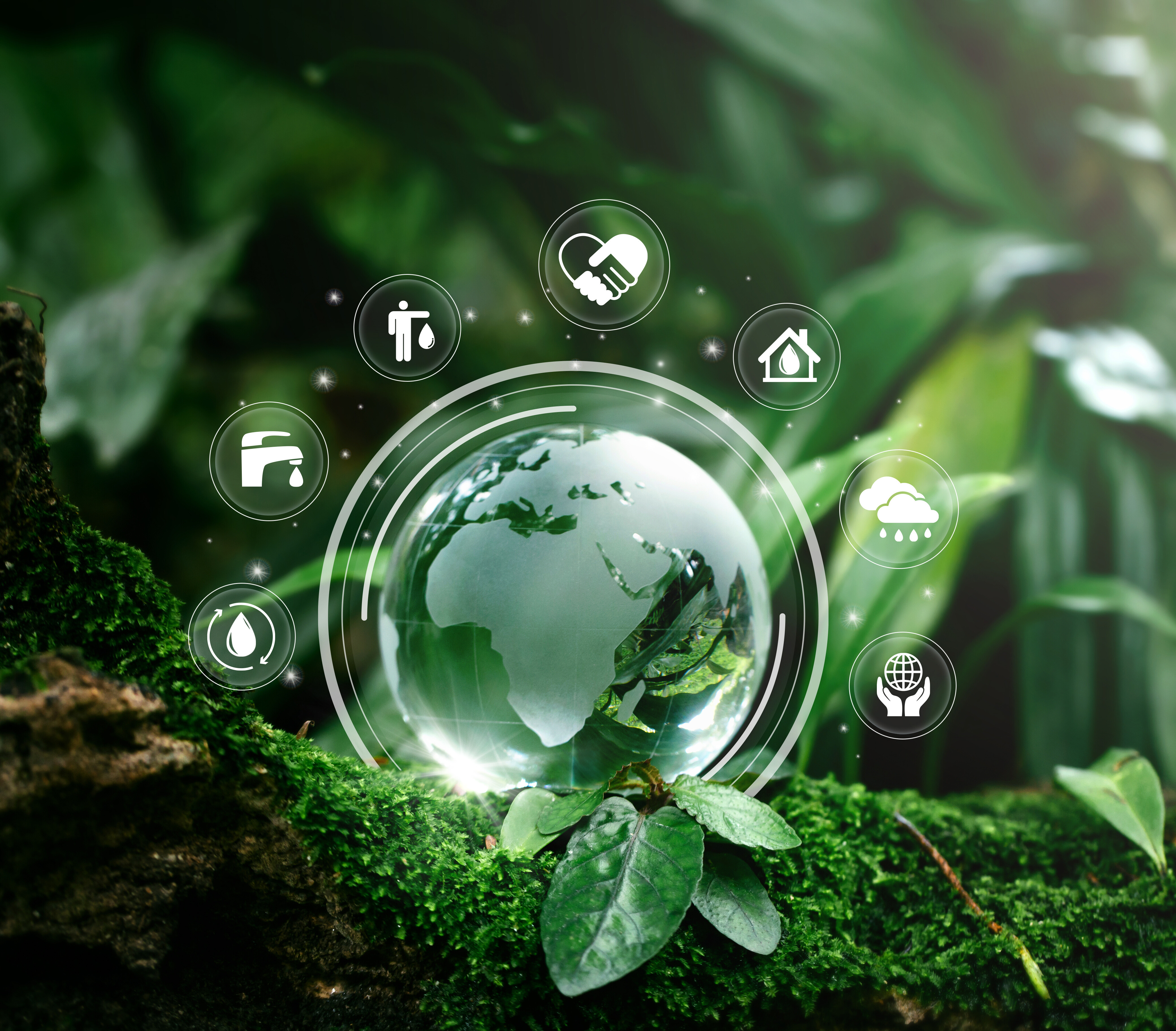 Sustainable development icons surround a glass globe on moss, symbolizing ecology and environmental awareness.