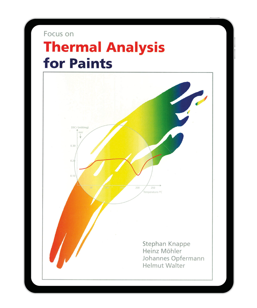 Корица на електронната книга Thermal Analysis for Paints с цветни термични криви и имена на автора на бял фон.