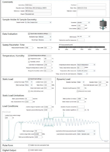 Messparameter-Einstellungen für einen HBU-Test mit dem NETZSCH DMA 523 Eplexor, einschließlich Temperatur- und Lastinformationen.