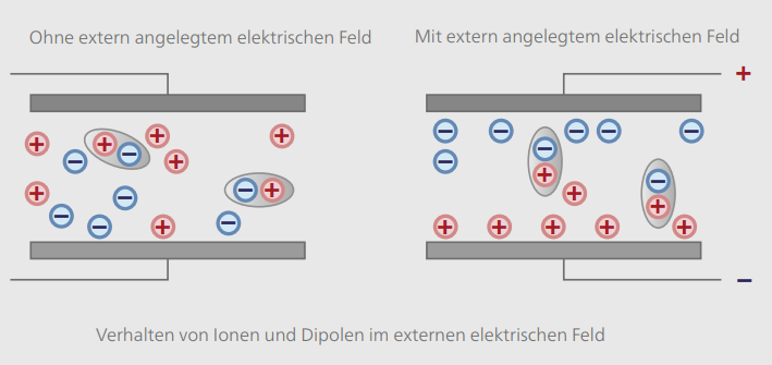 Verhalten von Ionen und Dipolen im elektrischen Feld, visualisiert in zwei Diagrammen für die dielektrische Analyse.