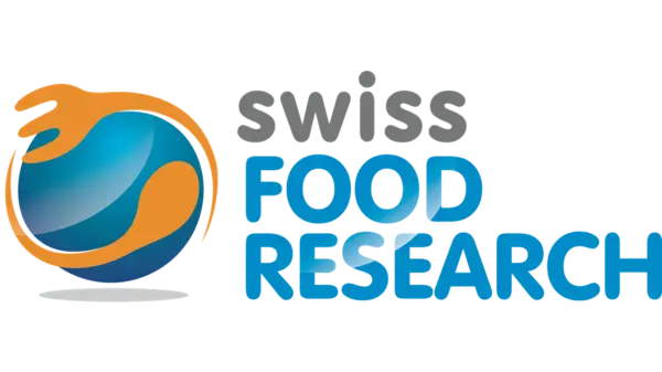 A Swiss Food Research kék és narancssárga földgömböt ábrázoló logója, amely az élelmiszerkutatásban való innovációt hangsúlyozza.