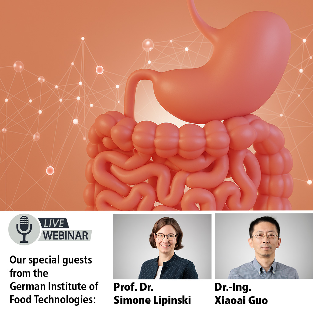 Webinar featuring stomach and intestines graphic, with speakers Prof. Dr. Simone Lipinski and Dr. Xiaoai Guo discussing food digestion.