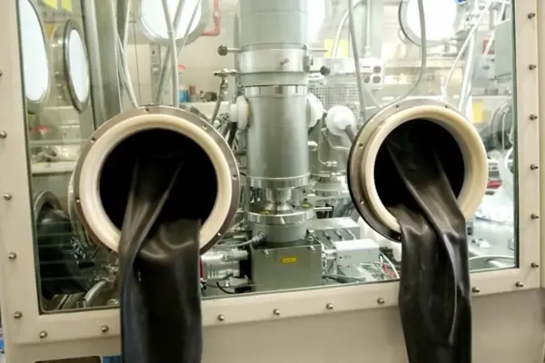 Glovebox with black sealed gloves for safe handling of radioactive molten salt samples at Idaho National Laboratory.