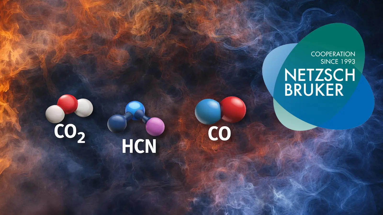 CO₂, HCN og CO-molekyler afbildet midt i ild og røg, der illustrerer gasanalysen i brandtest udført af NETZSCH og Bruker.