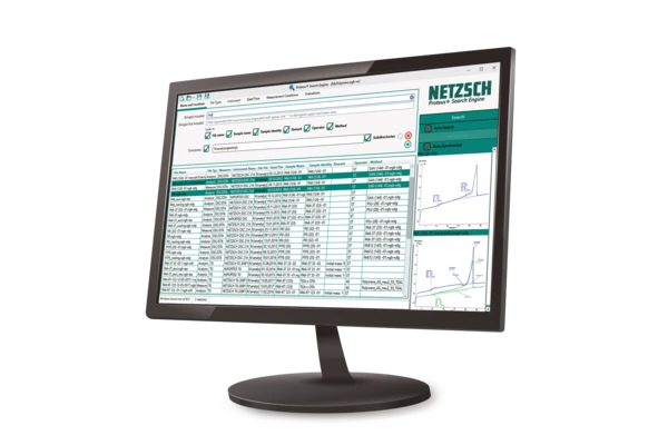 NETZSCH AutoEvaluation софтуер, показан на монитор, показващ резултатите от автоматичния термичен анализ и функциите за управление на данните.