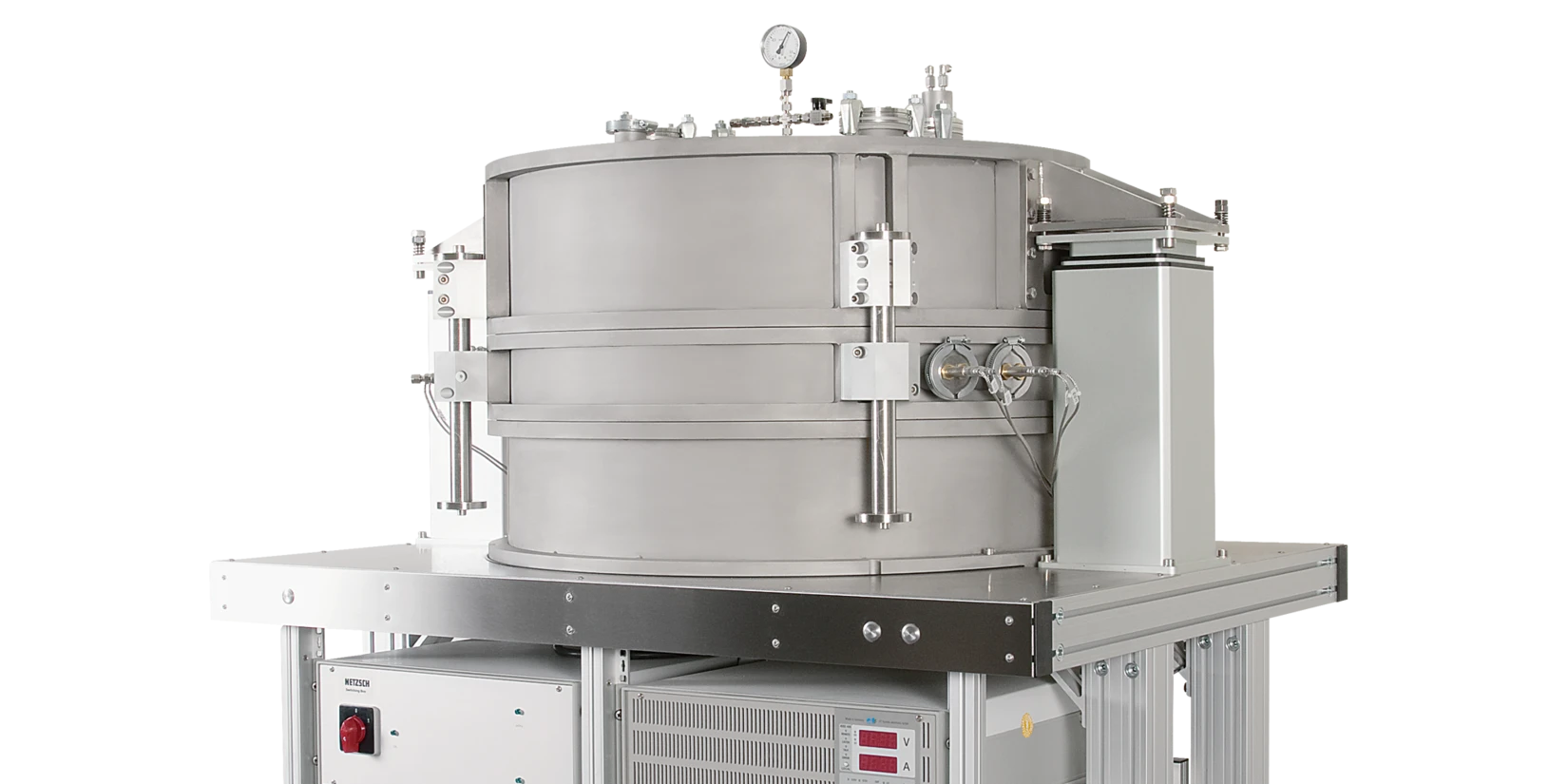 GHP 500 Analysegerät zur Wärmeleitfähigkeitsmessung mit geöffneten Türen und modernem Touchscreen. Ideal für Materialtests.