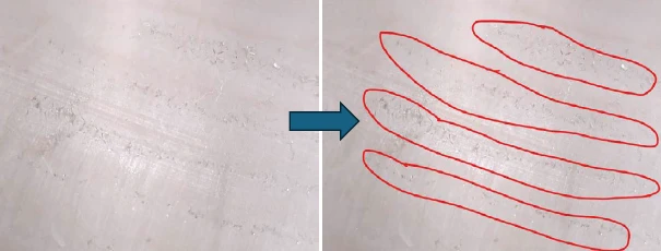 Inhomogenes PPS-Material mit unterschiedlichen Porositäten; leicht porös in hellen und dicht in dunklen Bereichen.