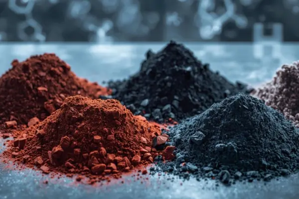 Vari materiali in polvere fine, di colore rosso e nero, disposti in mucchietti all'interno di un small, che illustrano le materie prime utilizzate per l'analisi termica e dell'idrogeno.